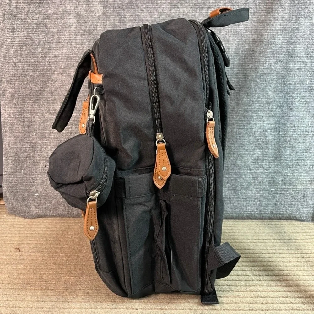 NWOT Maelstrom Black Canvas Laptop Backpack Brown Leather Trim Travel School Bag